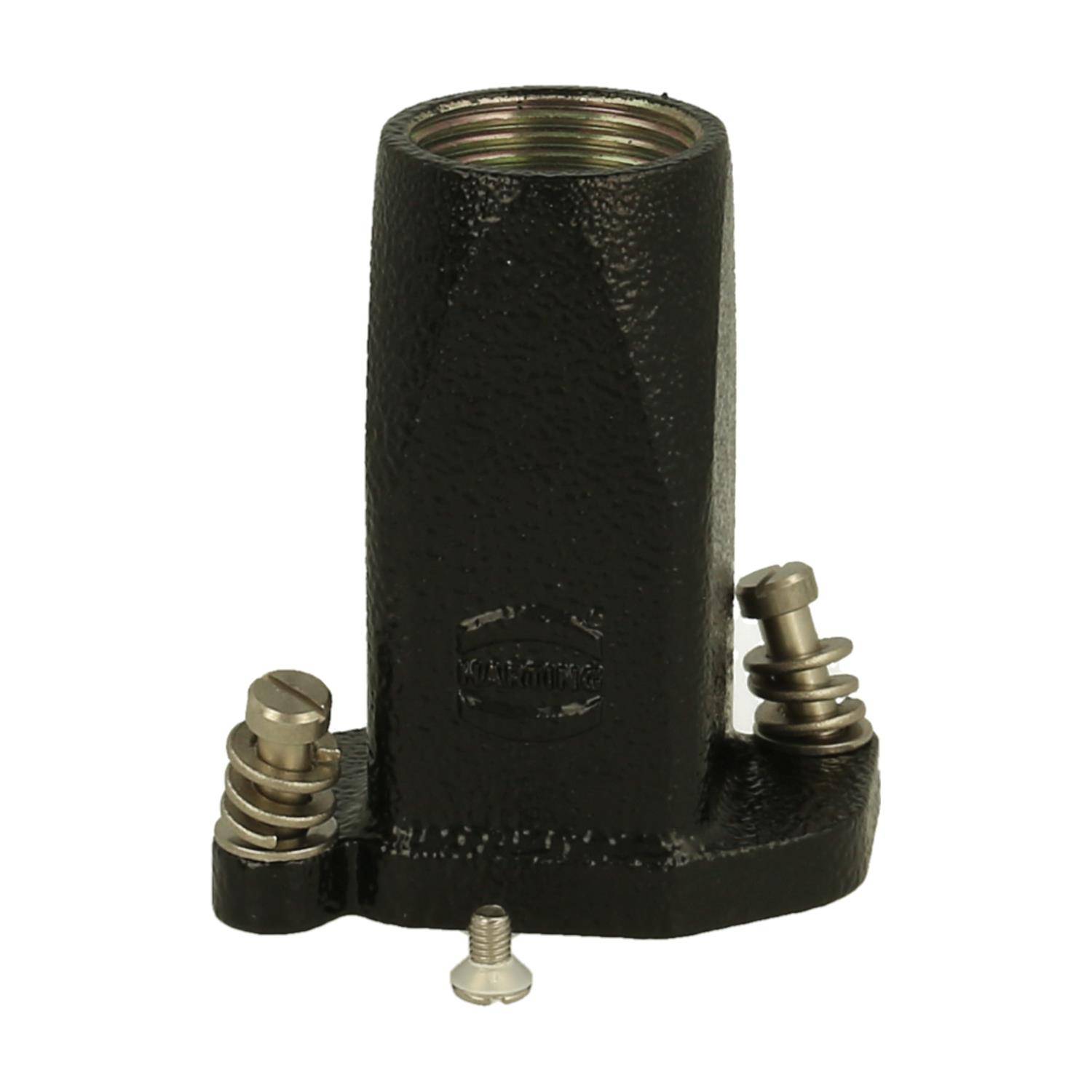 Eine schwarze, zylindrische Metallfastener mit zwei verstellbaren, federbelasteten Schrauben, wahrscheinlich zum Montage- oder Stützungszweck verwendet.