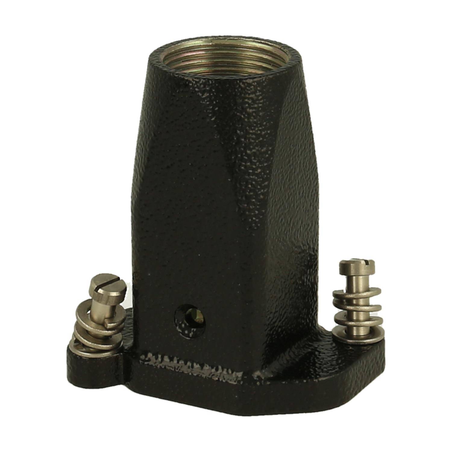 „Eine schwarze Metalllampenhalterung mit strukturierter Oberfläche, die zum Montieren konzipiert ist. Verfügt über Schraubklemmen für die elektrische Verbindung.