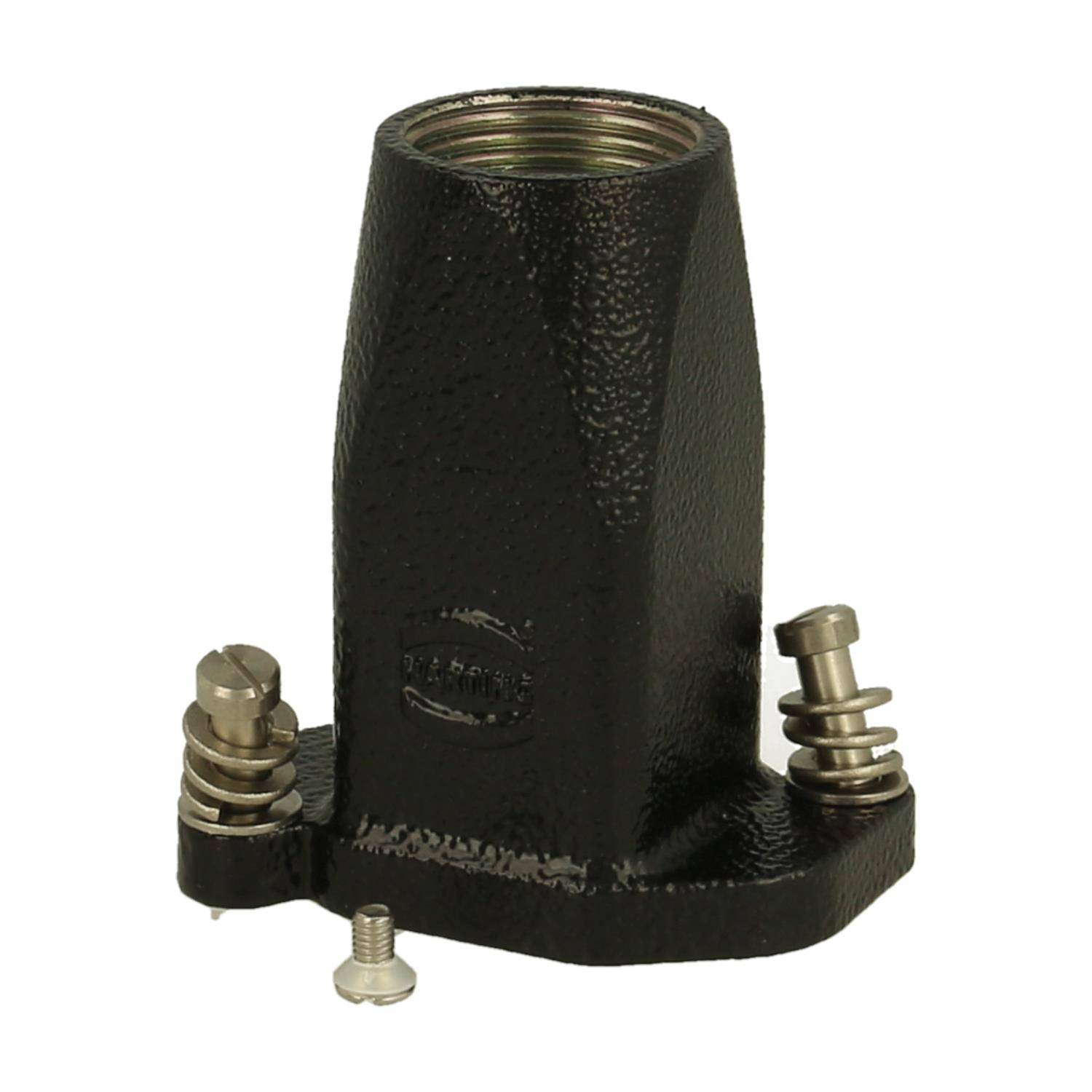 Schwarzes Metallteil mit gewindeltem Innenraum und zwei metallischen Schrauben auf beiden Seiten, möglicherweise als Basis oder Verbinder für Industriezwecke verwendet.