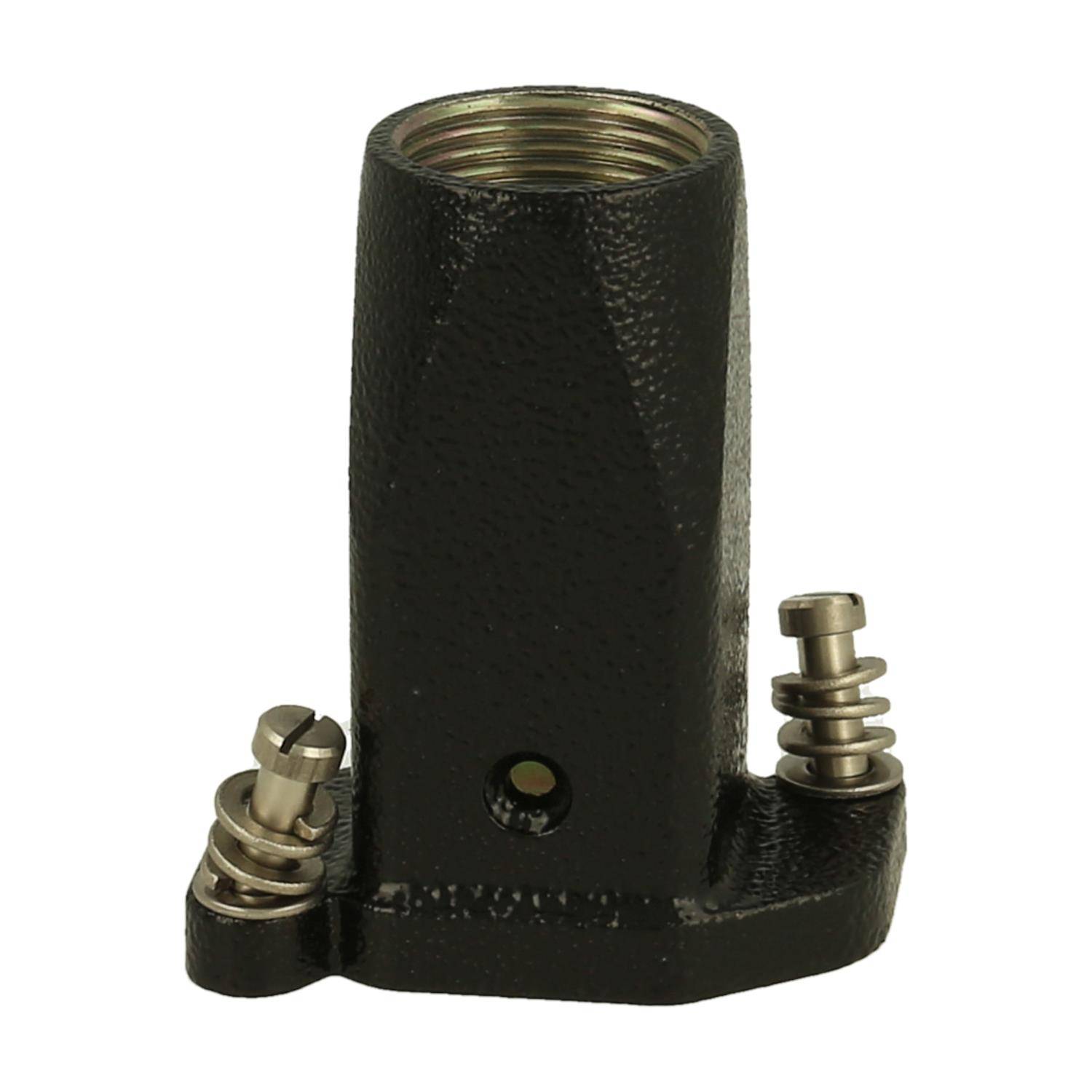 Schwarze Metallfassung mit zwei federbelasteten Elektrokontakten auf der Basis.