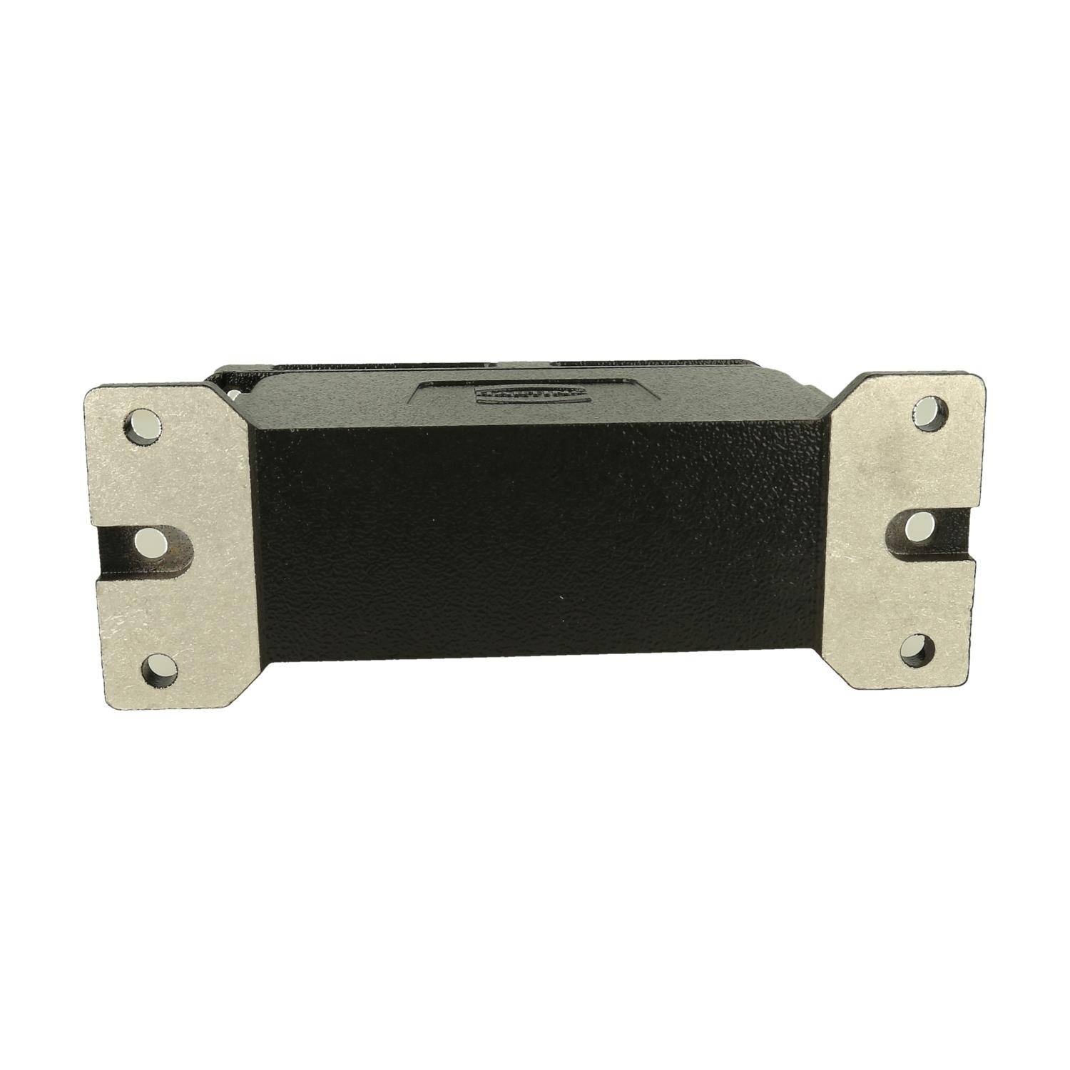 Ein rechteckiger schwarzer Sicherungsschalter mit metallischen Anschlüssen auf jeder Seite.