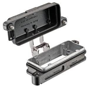 Metallische elektrische Verteilerdose in offener Ansicht mit oberer und unterer Hälfte. Enthält Montagelöcher und Anschlüsse für den Verdrahtungsaufbau.