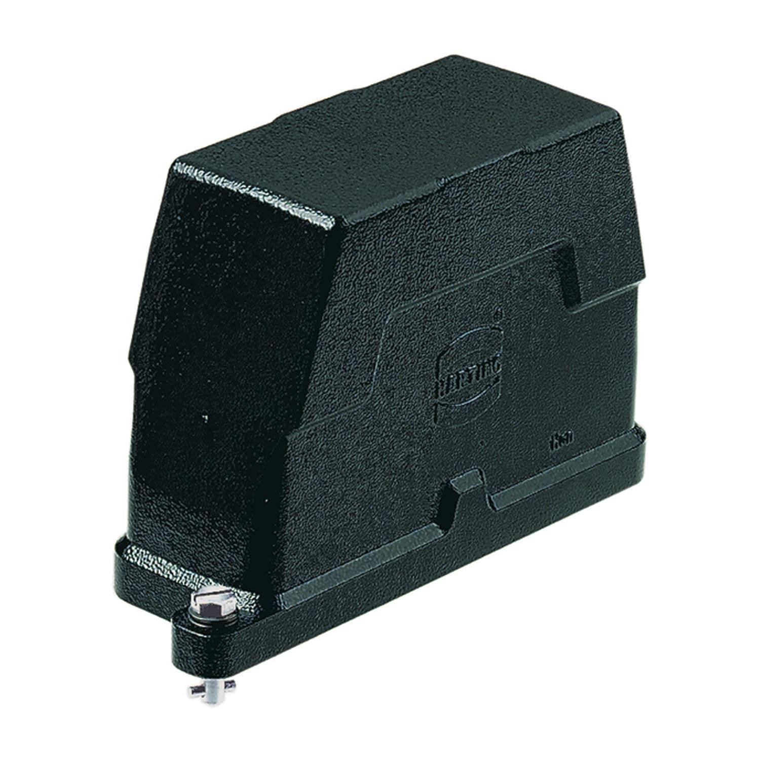 Ein rechteckiges, massives, schwarzes Objekt mit einer strukturierten Oberfläche, das einer mechanischen oder industriellen Gehäuseeinheit ähnelt.