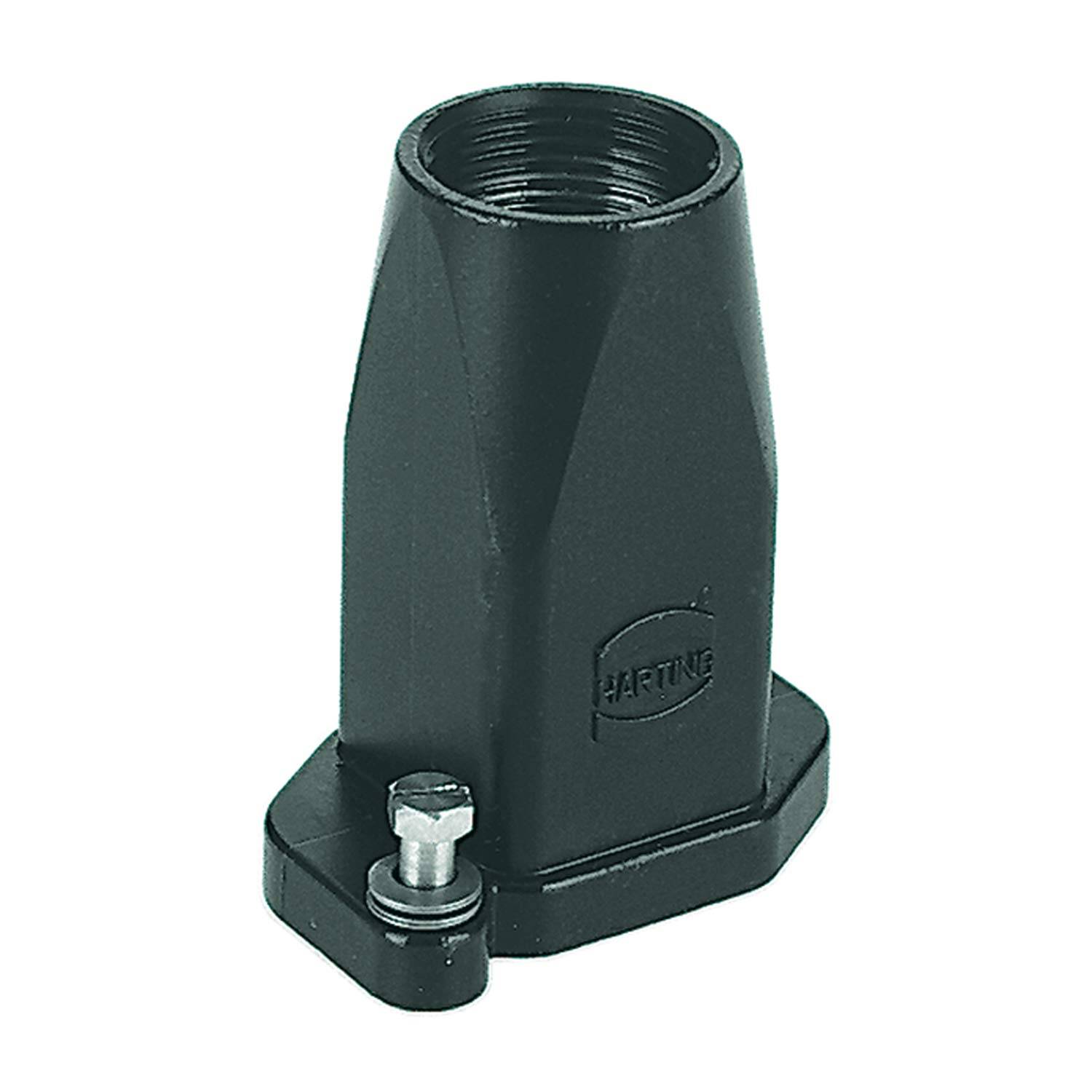 Eine schwarze elektrische Steckerhaube mit Gewinde, Gehäusemodell und Befestigungsloch für die Sicherung, verwendet zum Schutz von Industriekabeln.