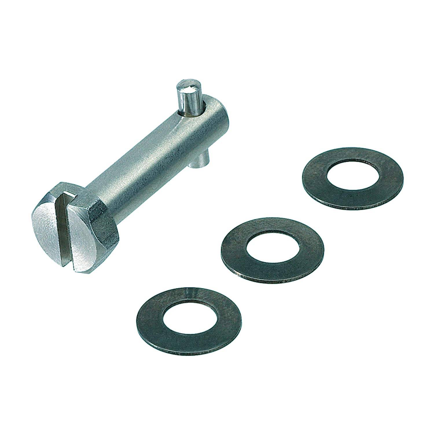 Eine Metallstiftes mit geschlitztem Kopf und drei in einer Reihe angeordneten Unterlegscheiben.