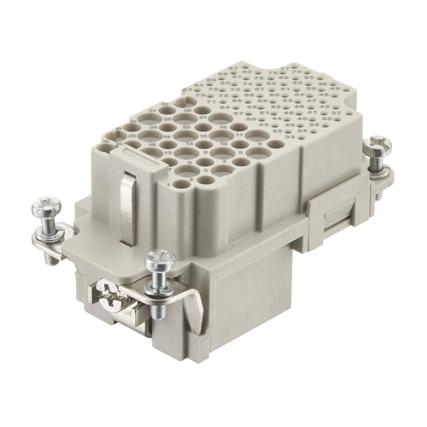 Ein 48-poliger Multi-Pin-Industriestecker mit grauem Gehäuse und Metallverriegelungsklemmen, konzipiert für sichere elektrische Verbindungen.