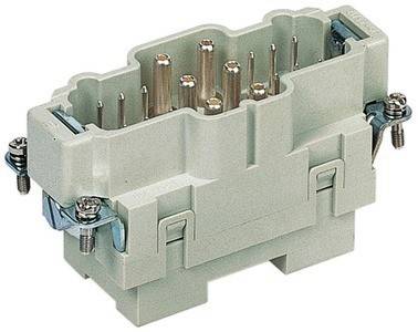 Ein rechteckiger Mehrstift-Elektroverbinder mit mehreren metallischen Kontakten und einem hellgrauen Kunststoffgehäuse, der für elektrische Verbindungen verwendet wird.