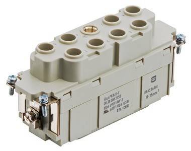 Rechteckiger industrieller elektrischer Steckverbinder mit mehreren Anschlüssen für Verkabelung, beschriftet als 'Han 10D/V-F', 250V, 35A; in beige Farbe.