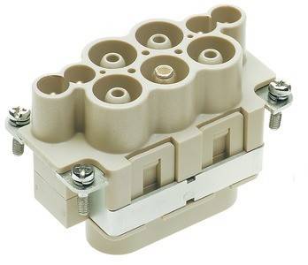 Rechteckiger männlicher Anschluss mit mehreren kreisförmigen Buchsen, auf einer Metallbasis mit Schrauben montiert. Wird für elektrische Verbindungen verwendet.