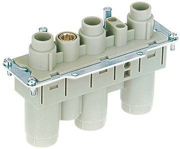 Ein rechteckiger Verteiler mit mehreren kreisförmigen Anschlüssen und Metallarmaturen, wahrscheinlich verwendet für Flüssigkeits- oder Gasverteilung in mechanischen Systemen.