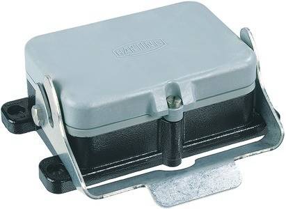 Ein HARTING Industriesteckverbinder mit Metallgehäuse, konzipiert für elektrische Verbindungen, in geschlossener Position dargestellt.
