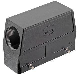 Ein schwarzes rechteckiges elektronisches Komponentengehäuse mit Anschlussschlitzen und einer kreisförmigen Öffnung an der Seite, verwendet in industrieller Ausrüstung.