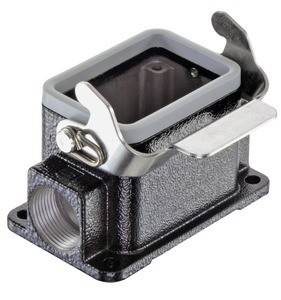 Industriegehäuse für Anschlüsse mit einer metallisch grauen Oberfläche, das eine rechteckige Öffnung an der Oberseite und einen Verschlussmechanismus für eine sichere Verriegelung aufweist.