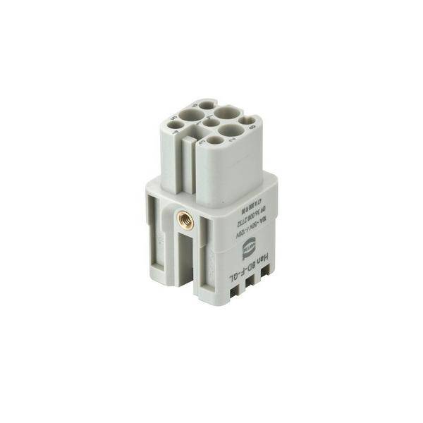 Ein weißer industrieller Steckverbinder mit mehreren kreisförmigen Buchsen auf der Oberseite, seitlich mit technischen Spezifikationen beschriftet.