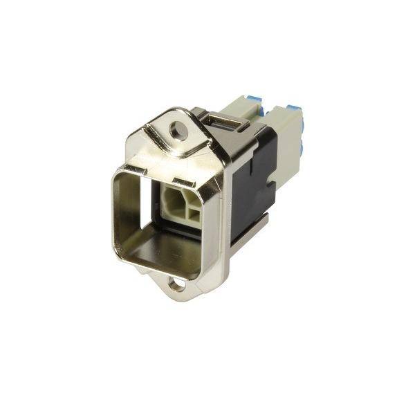 Ein quadratischer Metall-Lichtleiteradapter mit einer rechteckigen Öffnung wird dargestellt. Er wird verwendet, um Glasfaserkabel zu verbinden und auszurichten.