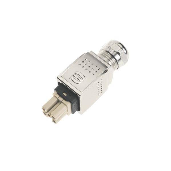 Ein kompakter Metall-Elektroverbinder mit einem Kunststoff-Anschlussende, ausgestattet mit einem sicheren Verriegelungsmechanismus für sichere Kabelverbindungen.