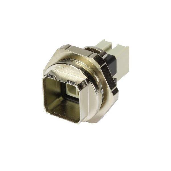 Ein USB Typ B Buchse mit einem Metallgehäuse und einer Kunststoffstruktur im Inneren, konzipiert für elektronische Geräte.