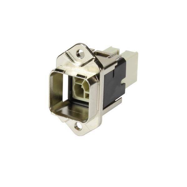Ein RJ45-Einbauverbinder mit Metallgehäuse, ausgestattet mit einer quadratischen Blende und zwei Befestigungslöchern zur Montage an einer Platte.