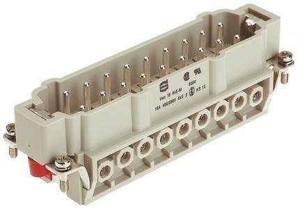 Ein beigefarbener rechteckiger elektrischer Anschluss mit mehreren Metallstiften für industrielle Anwendungen, auf dessen Oberfläche Zertifizierungen und Spezifikationen angebracht sind.