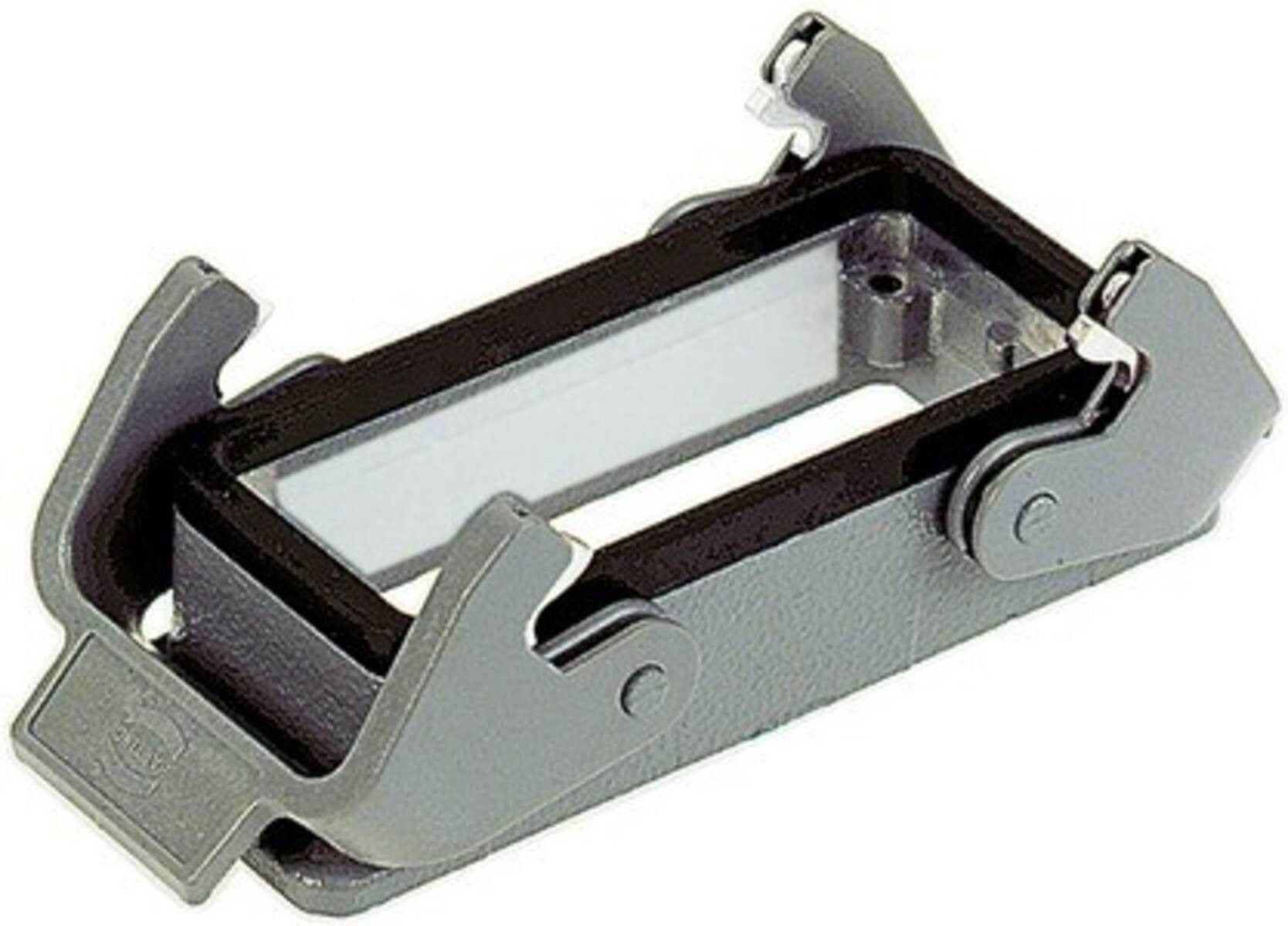 Metallisches rechteckiges industrielles Anschlussgehäuse mit Klappverriegelungen an beiden Seiten, verwendet zum Sichern und Schützen von elektrischen Verbindungen.