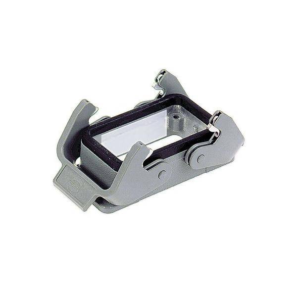 Grauer rechteckiger Adapter oder Verbinder mit Metallklammern an den Seiten, entwickelt zum Sichern einer elektronischen Komponente oder eines elektronischen Geräts.