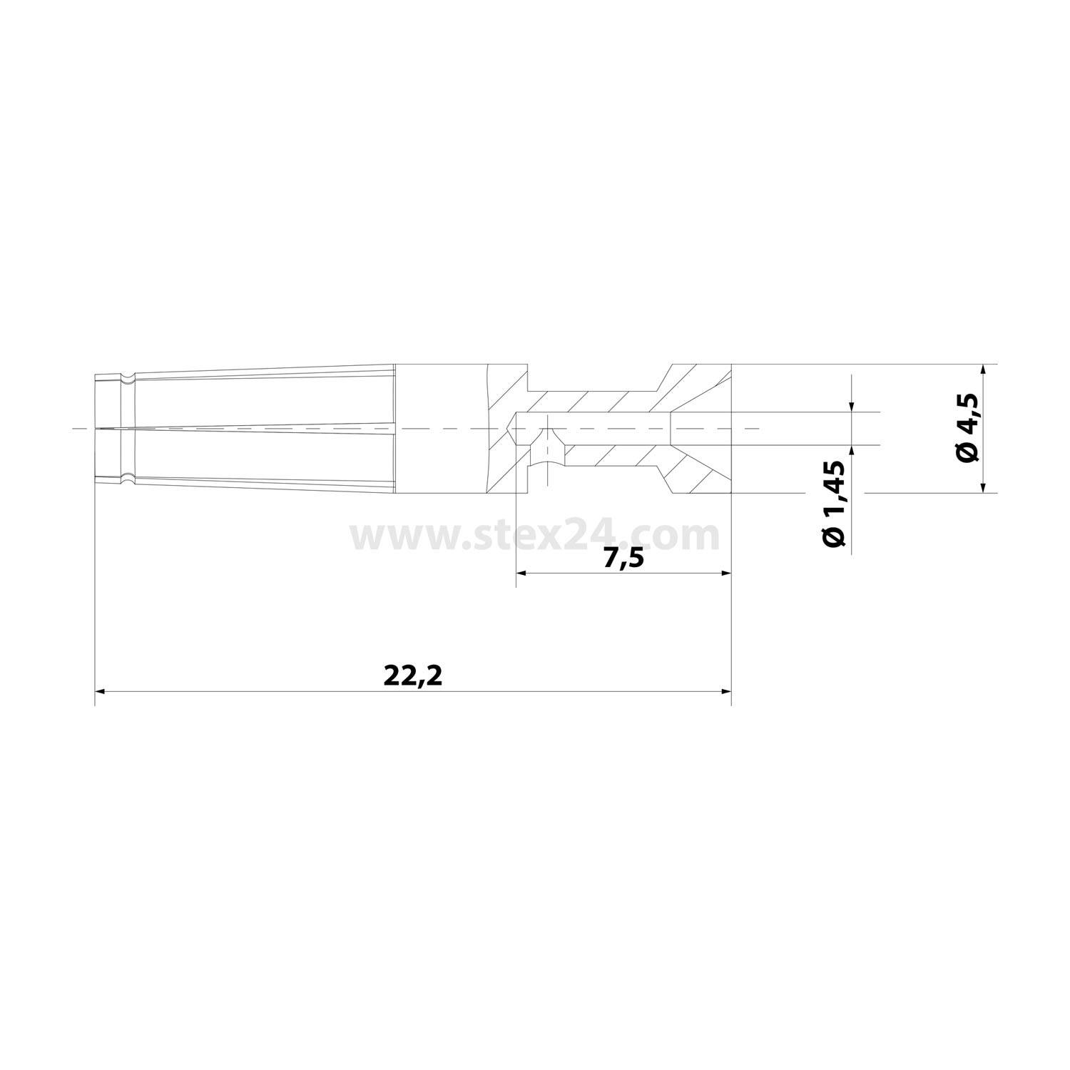 Technische Zeichnung eines zylindrischen Objekts mit Abmessungen: Länge 22,2 mm, Durchmesser 14,5 mm und zusätzlichen Maßen von 7,5 mm und 4,5 mm.