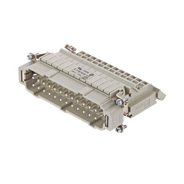 Grauer rechteckiger Industrieanschluss mit mehreren Metallstiften und Verriegelungsmechanismen, verwendet für elektronische oder elektrische Verbindungen.