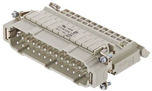 Ein grauer industrieller elektrischer Anschluss mit mehreren Pins ist abgebildet und mit '16A 500V' beschriftet, der zwei Metallschrauben für eine sichere Befestigung aufweist.