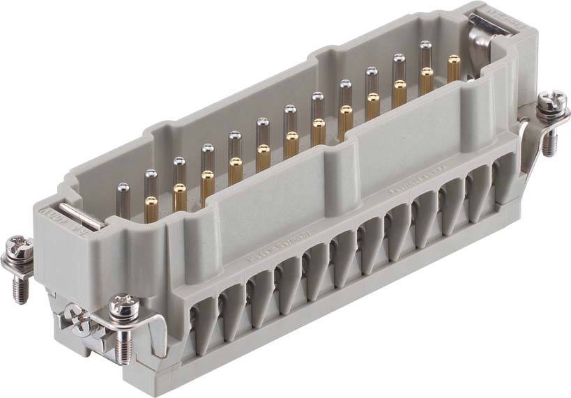 Ein rechteckiger industrieller Anschluss mit mehreren Metallpins in einem grauen Gehäuse, der für elektronische oder elektrische Anwendungen konzipiert ist.