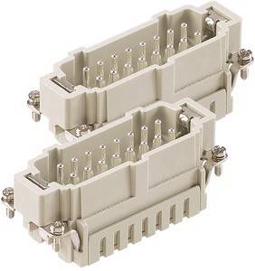Zwei beige elektrische Anschlüsse übereinander gestapelt, jeder mit mehreren Metallstiften und Schrauben an der Seite für eine sichere Befestigung.