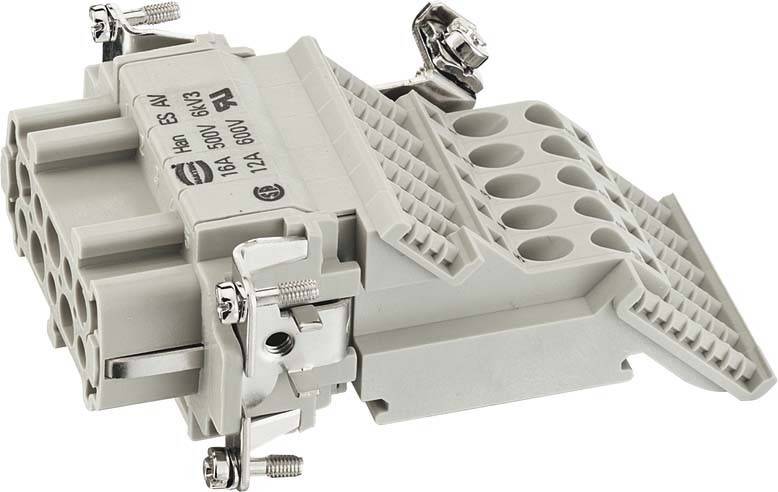 Ein grauer elektrischer Steckverbinder, ausgelegt für 16A und 500V, mit mehreren Anschlussslots und Schraubenanschlüssen, konzipiert für industrielle Anwendungen.