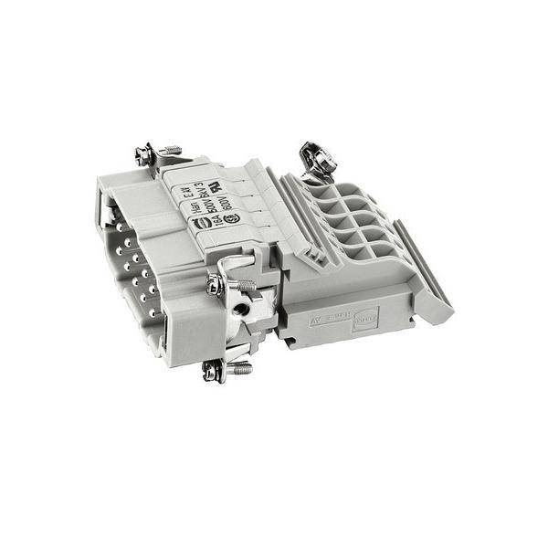 Ein rechteckiger grauer elektrischer Verbinder mit mehreren Pins und seitlichen Klammern, der in industriellen Anwendungen zum Anschließen von Kabeln verwendet wird.