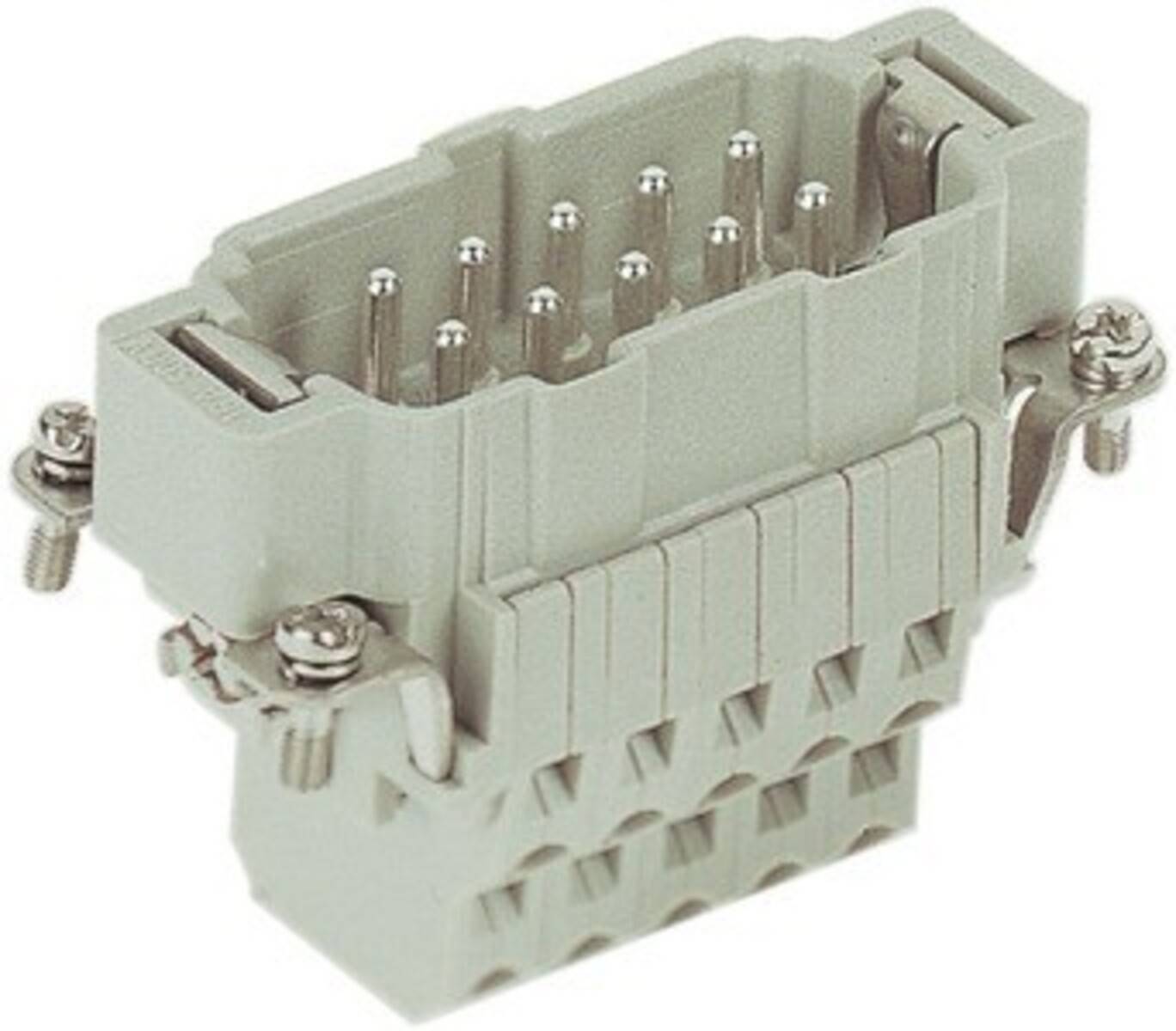 Ein grauer rechteckiger elektrischer Steckverbinder mit mehreren Pinöffnungen, der ein robustes äußeres Gehäuse und Befestigungsschrauben an beiden Seiten aufweist.