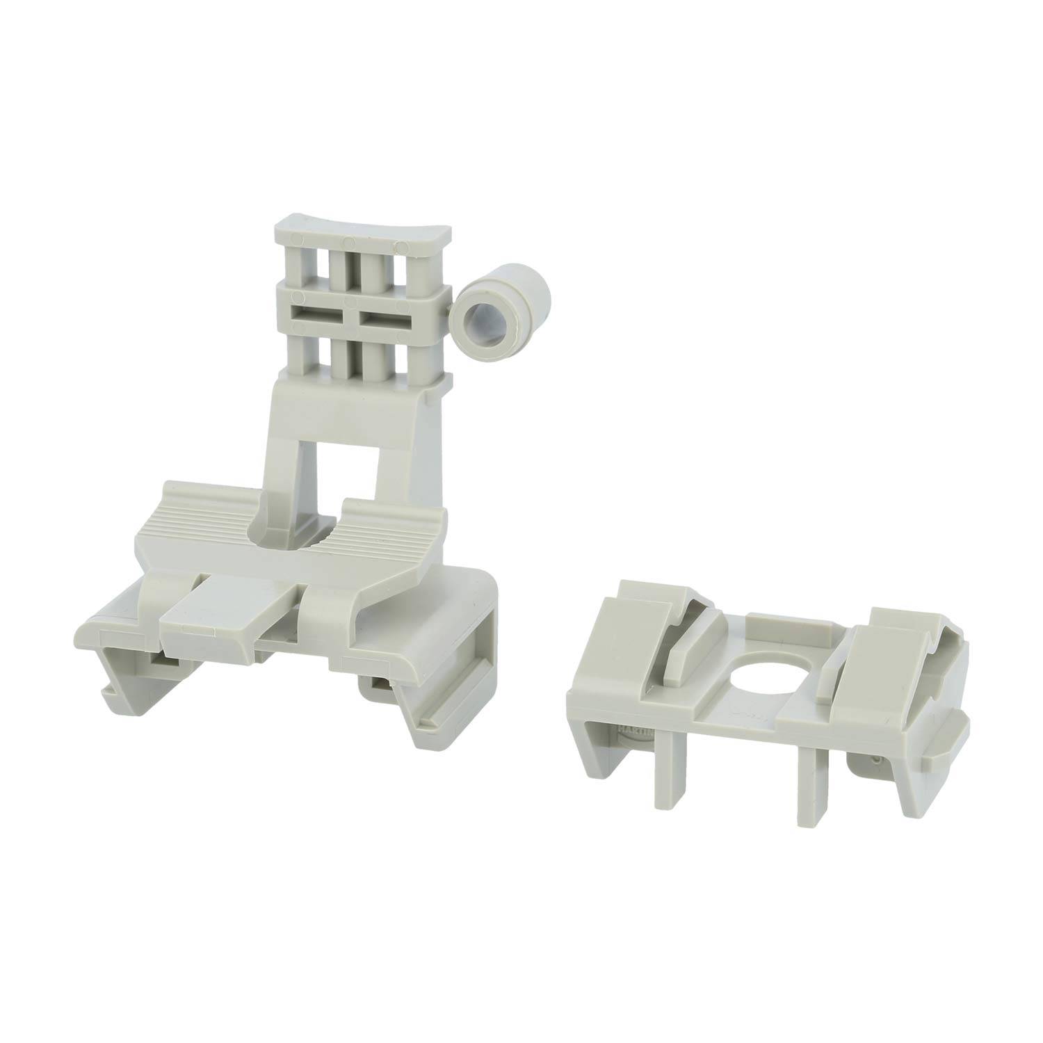 Kunststoff-Befestigungsklammernsatz mit Clips, entwickelt zum Sichern von Objekten. Enthält zwei Verriegelungsteile mit Befestigungsmechanismus.