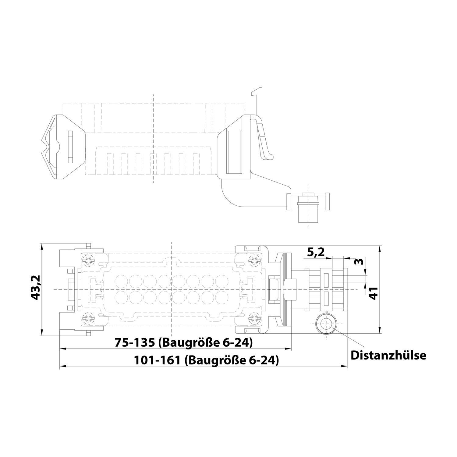 Technisches Diagramm eines Maschinenteils mit Maßangaben. Zeigt Messungen 75-135, 101-161, mit einer Breite von 5,2 und einer Höhe von 43,2.