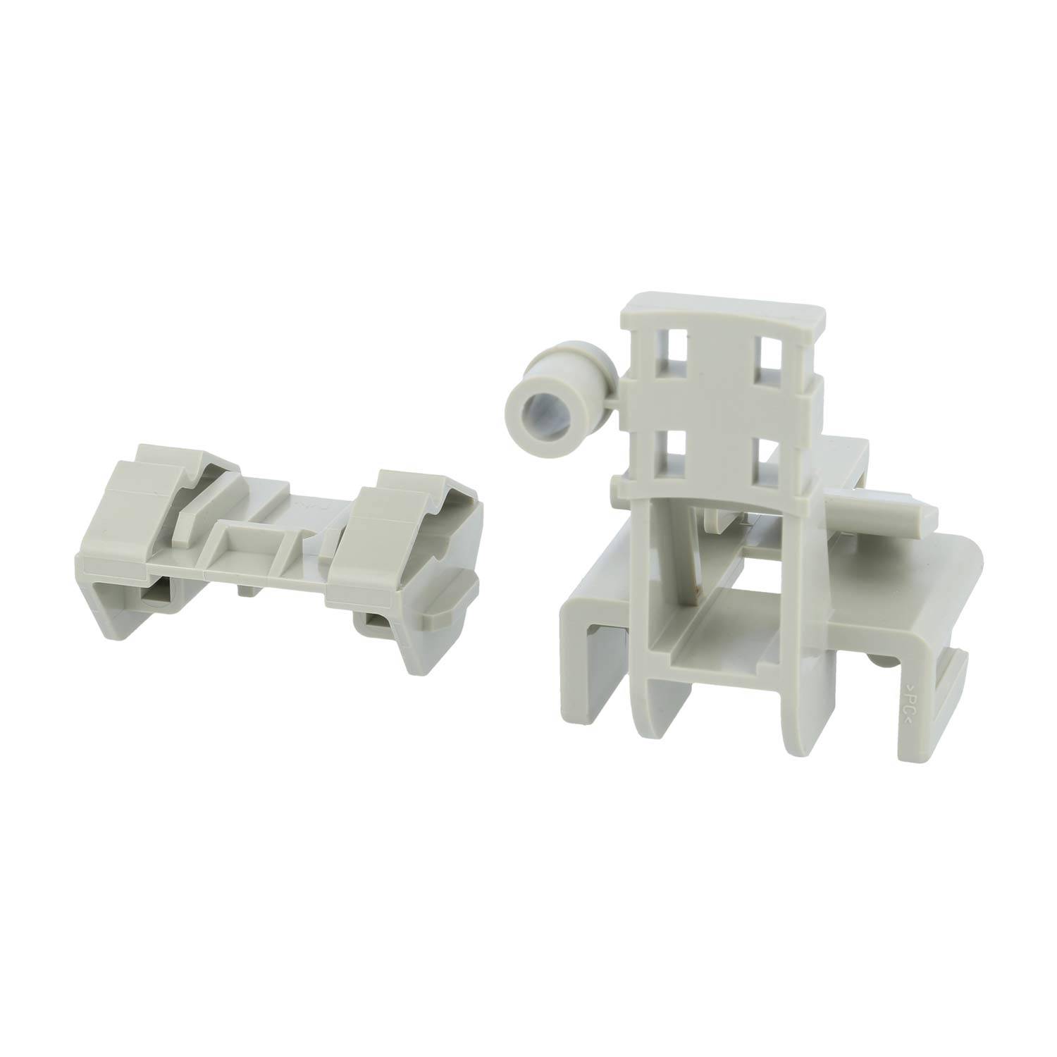 Zwei weiße Kunststoff-Elektroklemmen mit Anschlüssen und Klammern für Verdrahtungssysteme.