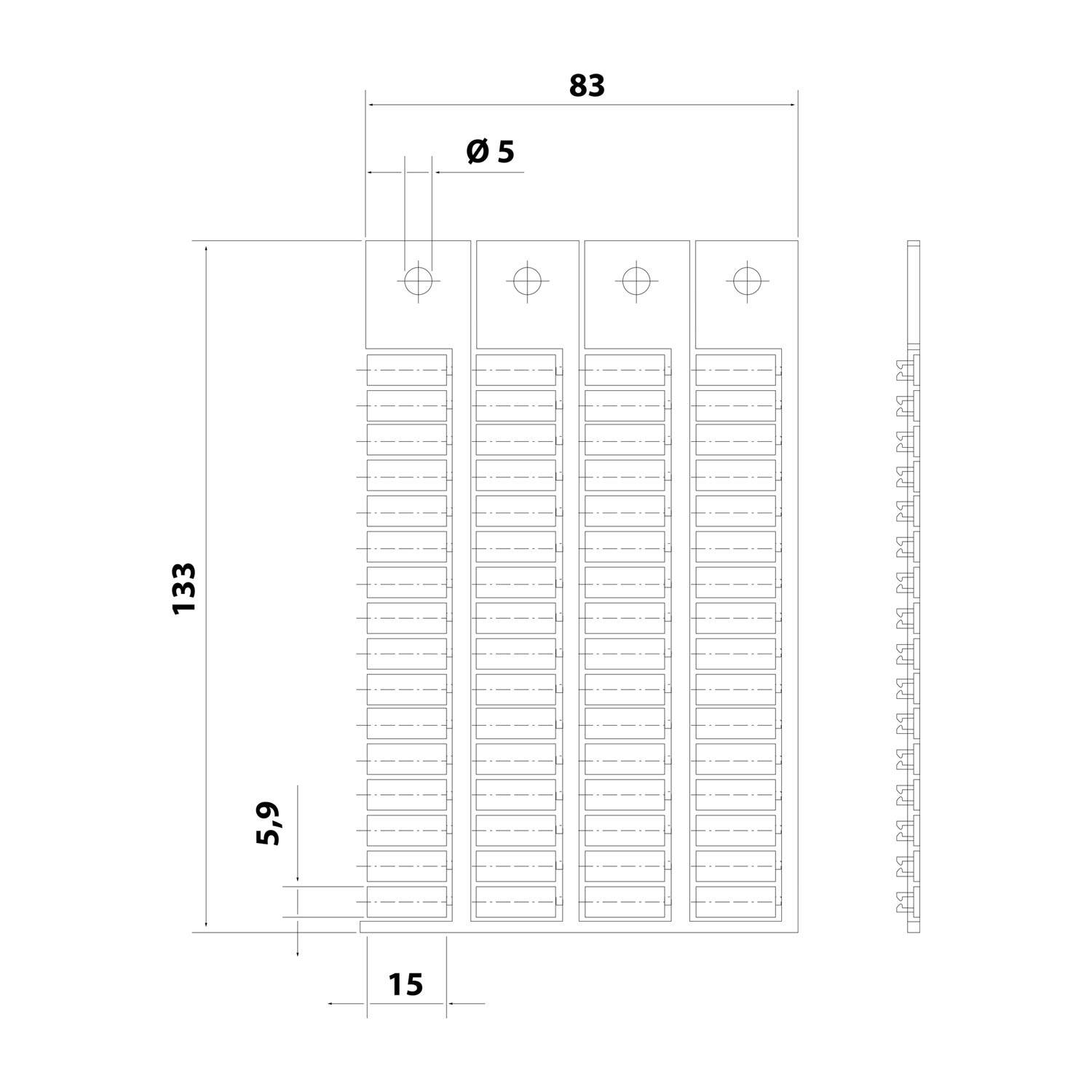 Technische Zeichnung eines Panels mit vier vertikalen Säulen, von denen jede Reihen von kleinen Schlitzen enthält. Abmessungen: Breite 83 mm, Höhe 133 mm.