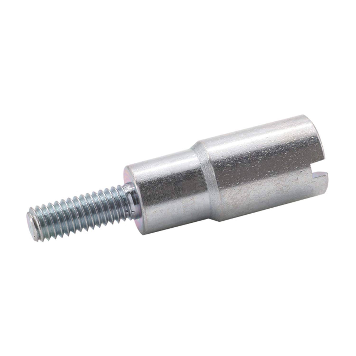 Ein Metallgewindeschraube mit einem zylindrischen Kopf, wahrscheinlich zum Verbinden oder Zusammensetzen von Teilen verwendet. Der Kopf hat einen Schlitz für ein Werkzeug.
