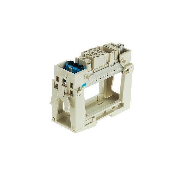 Eine beige Kunststoff-Elektronikkomponente mit mehreren Anschlusspunkten, möglicherweise verwendet in modularen Systemen für industrielle Anwendungen.