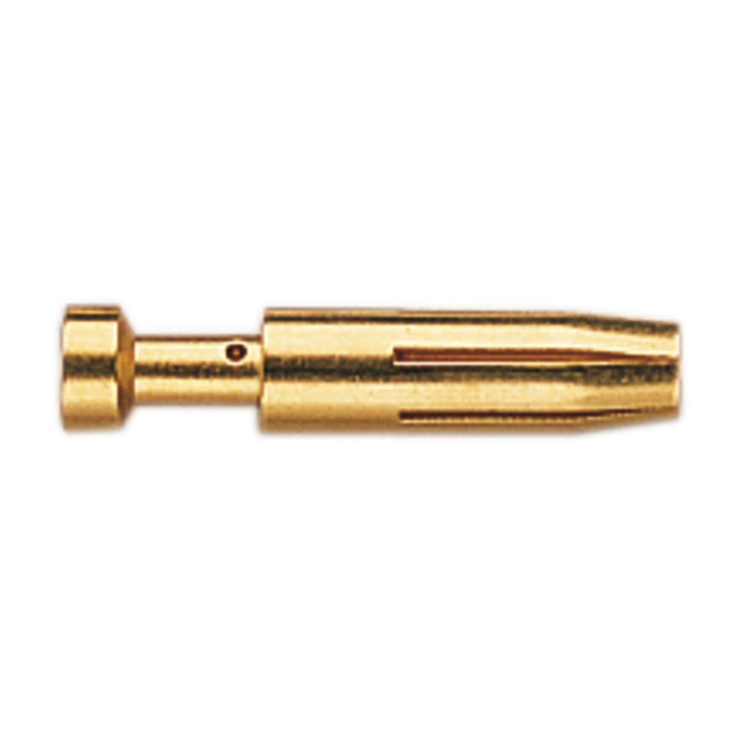 Ein goldfarbener Stiftstecker mit zylindrischem Gehäuse und vorstehender Spitze, der für elektronische oder elektrische Verbindungen verwendet wird.