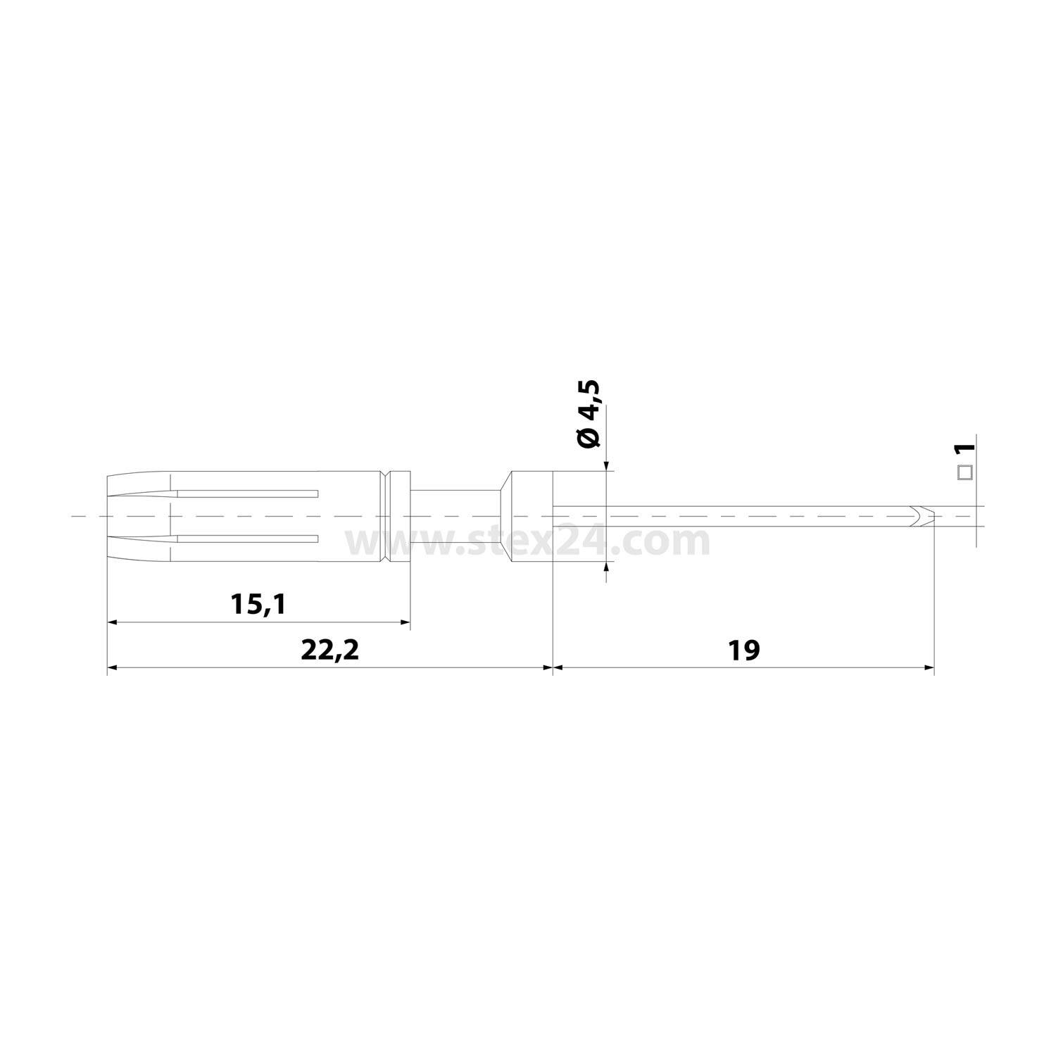 Technische Zeichnung eines Schraubenziehers mit Abmessungen: Grifflänge 15,1 mm, Gesamtlänge 22,2 mm, Klingenlänge 19 mm und Durchmesser 4,5 mm.