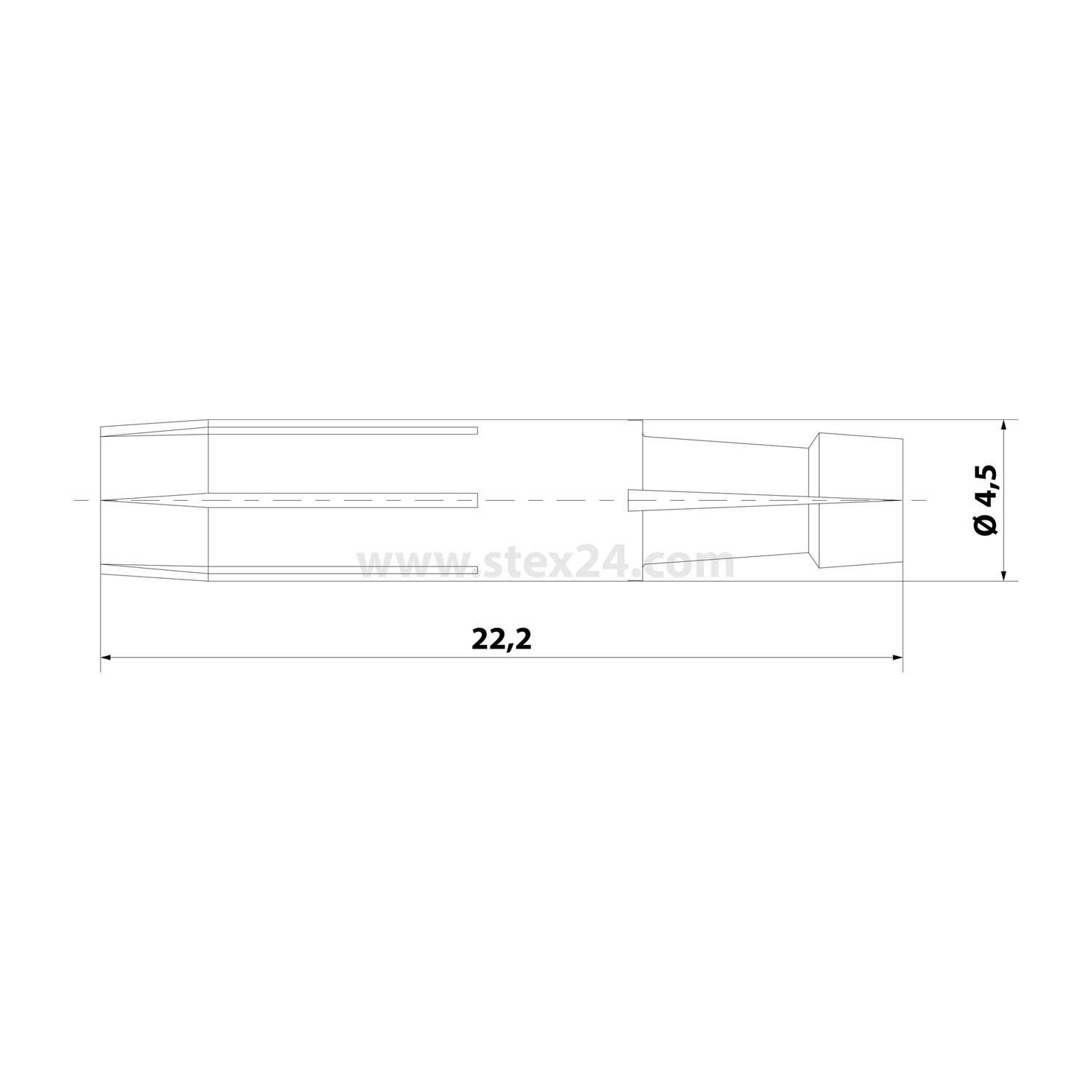 Technische Zeichnung eines zylindrischen Objekts mit Maßangaben. Die Länge beträgt 22,24 Einheiten und der Durchmesser Ø4,5 Einheiten, angezeigt auf www.stex24.com.