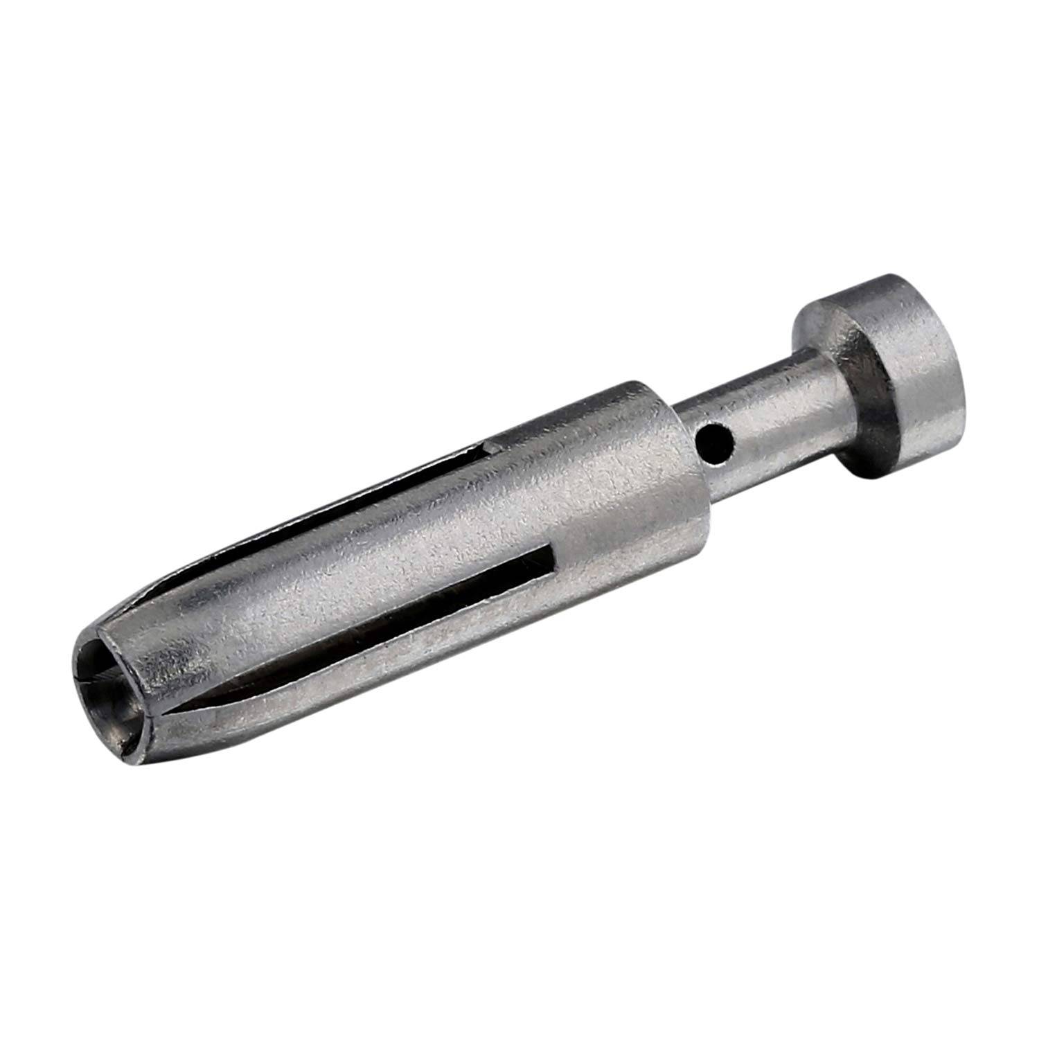 Ein metallisches zylindrisches Objekt mit schlitzigem, hohlem Design und einem breiteren, abgerundeten Ende, das einem spezialisierten Werkzeug oder einer Komponente ähnelt.