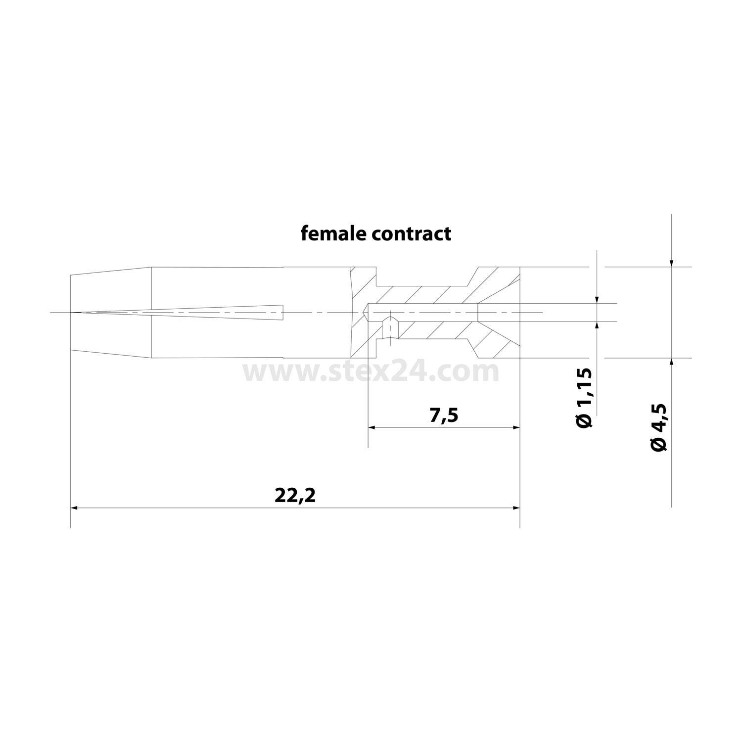 Technische Zeichnung eines weiblichen Steckverbinders für Verträge mit den Abmessungen: 22,2 mm Länge, 7,5 mm Querschnitt, 11,5 mm und 4,5 mm Durchmesser.