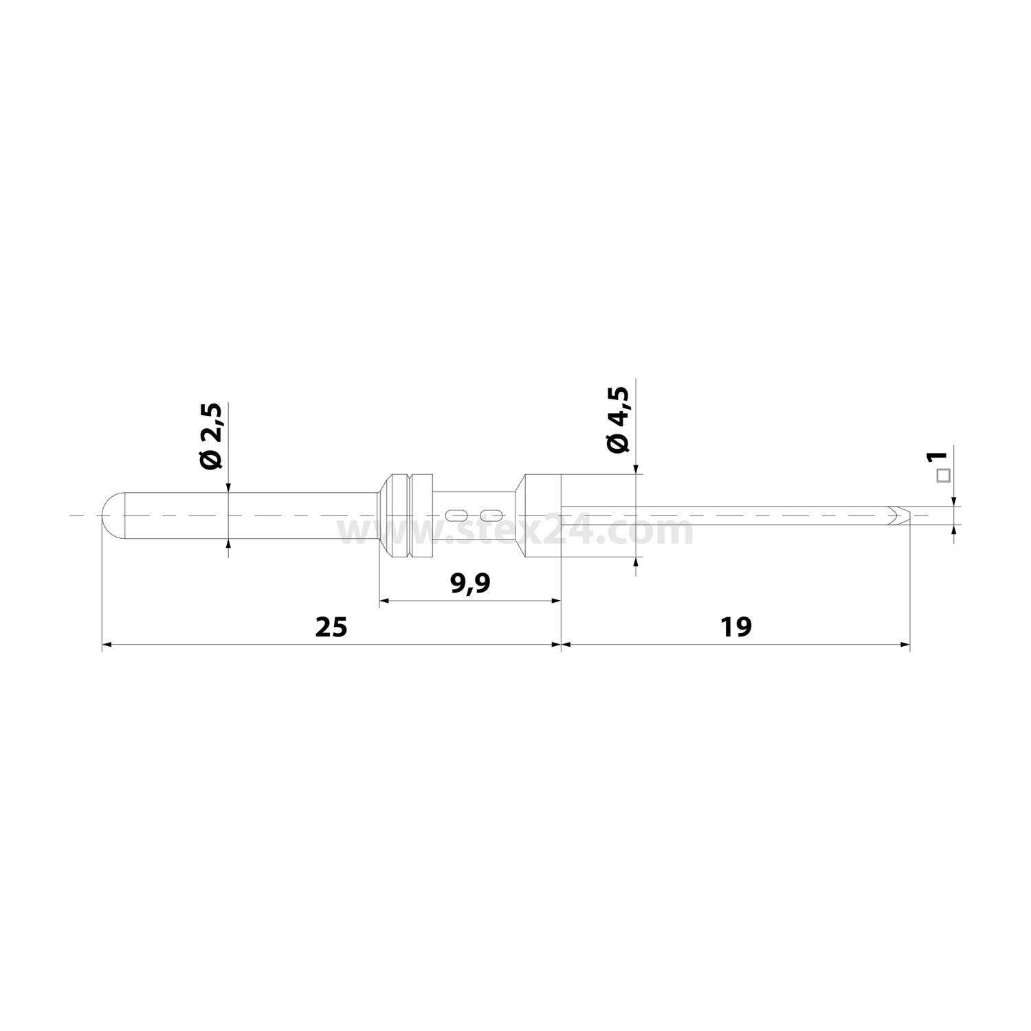 Technische Zeichnung eines zylindrischen Objekts mit den Abmessungen: Länge 44,9, Durchmesser 2,5 auf der linken Seite und 4,5 auf der rechten Seite, Wellenlänge 25 auf der linken Seite und 19 auf der rechten Seite.