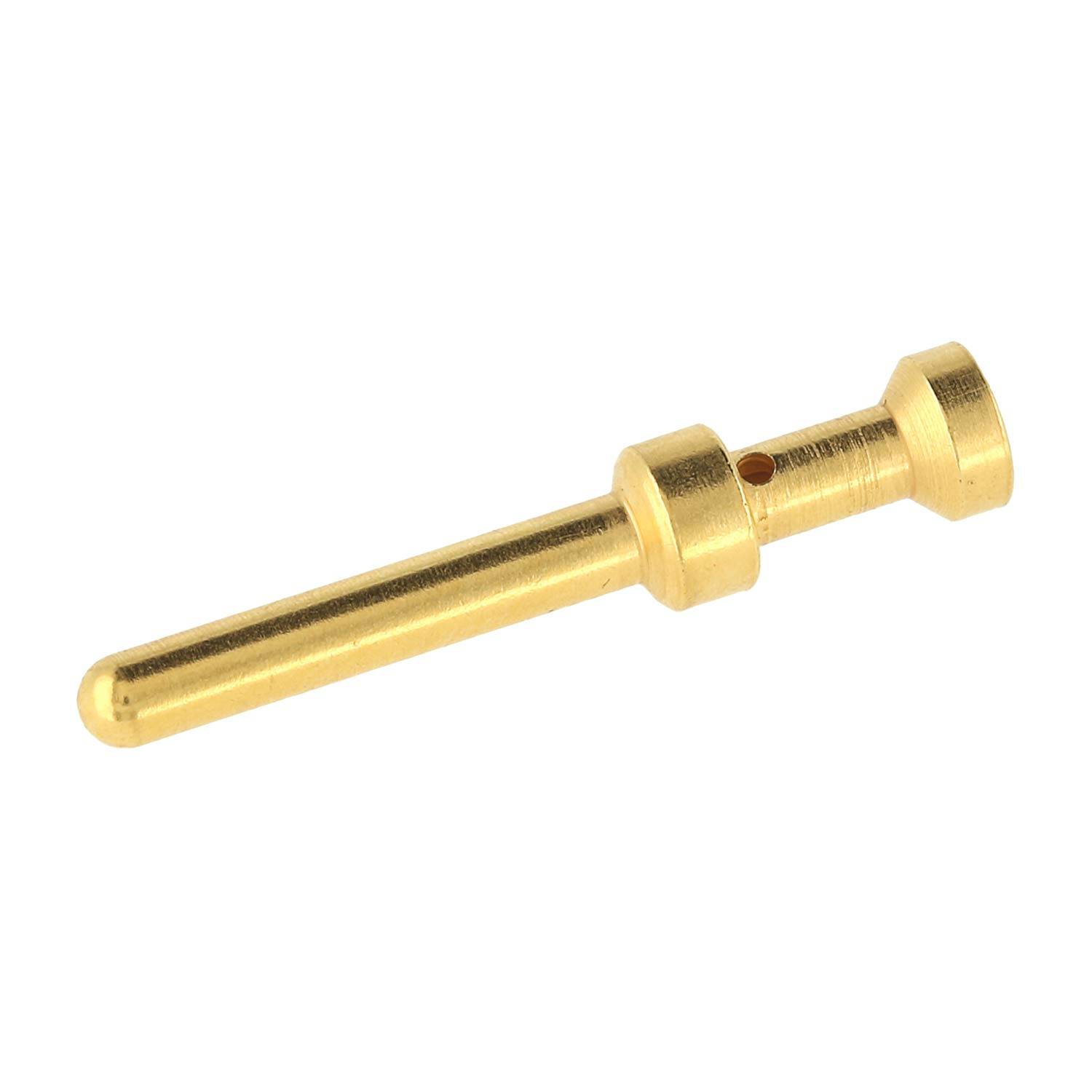 Eine goldene, zylindrische Messingnadel mit ausgestelltem Ende, die als Verbindungskomponente in elektronischen oder mechanischen Baugruppen verwendet wird.
