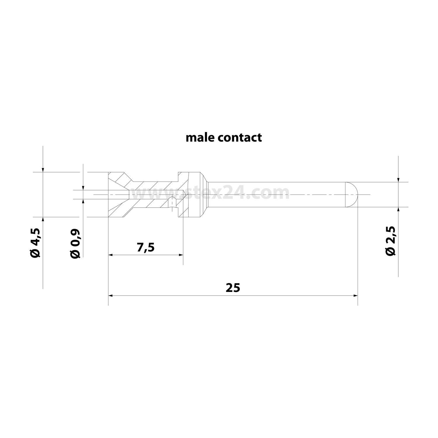 Technisches Diagramm eines männlichen Kontaktstifts mit beschrifteten Abmessungen: 4,5 mm Durchmesser, 25 mm Länge, mit detaillierter Querschnittsansicht.