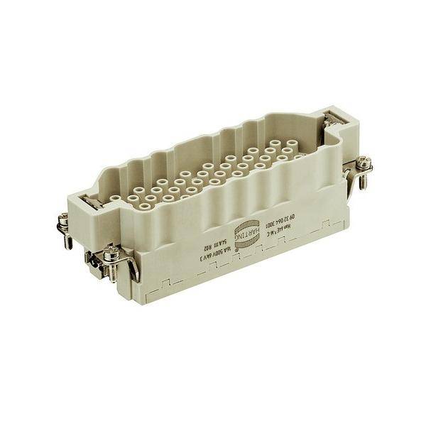 Ein beiger mehrpoliger elektrischer Steckverbinder mit rechteckiger Form und zwei Befestigungsschrauben an jeder Seite, der für industrielle Anwendungen verwendet wird.