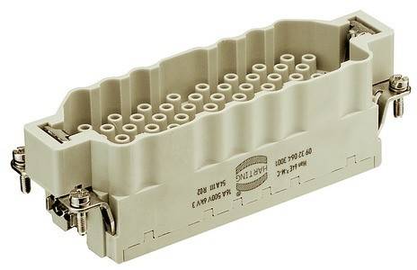 Anschlussgehäuse mit mehreren kreisförmigen Anschlüssen, auf dessen Oberfläche der Markenname 'Harting' und elektrische Spezifikationen eingeprägt sind.