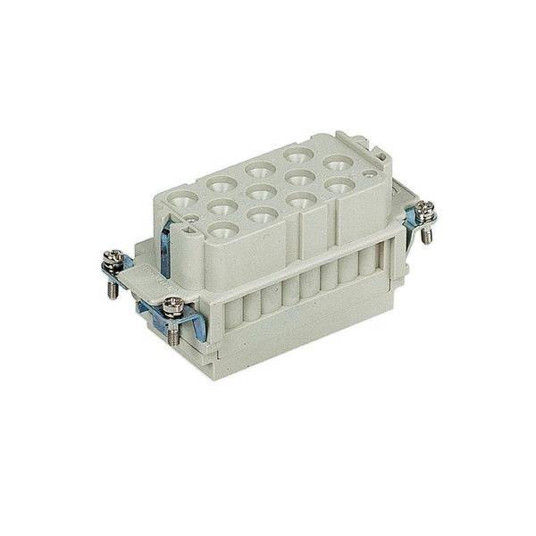 Grauer rechteckiger Industrie-Elektrostecker mit mehreren kreisförmigen Buchsenkontakten und metallischen Seitenklemmen auf weißem Hintergrund